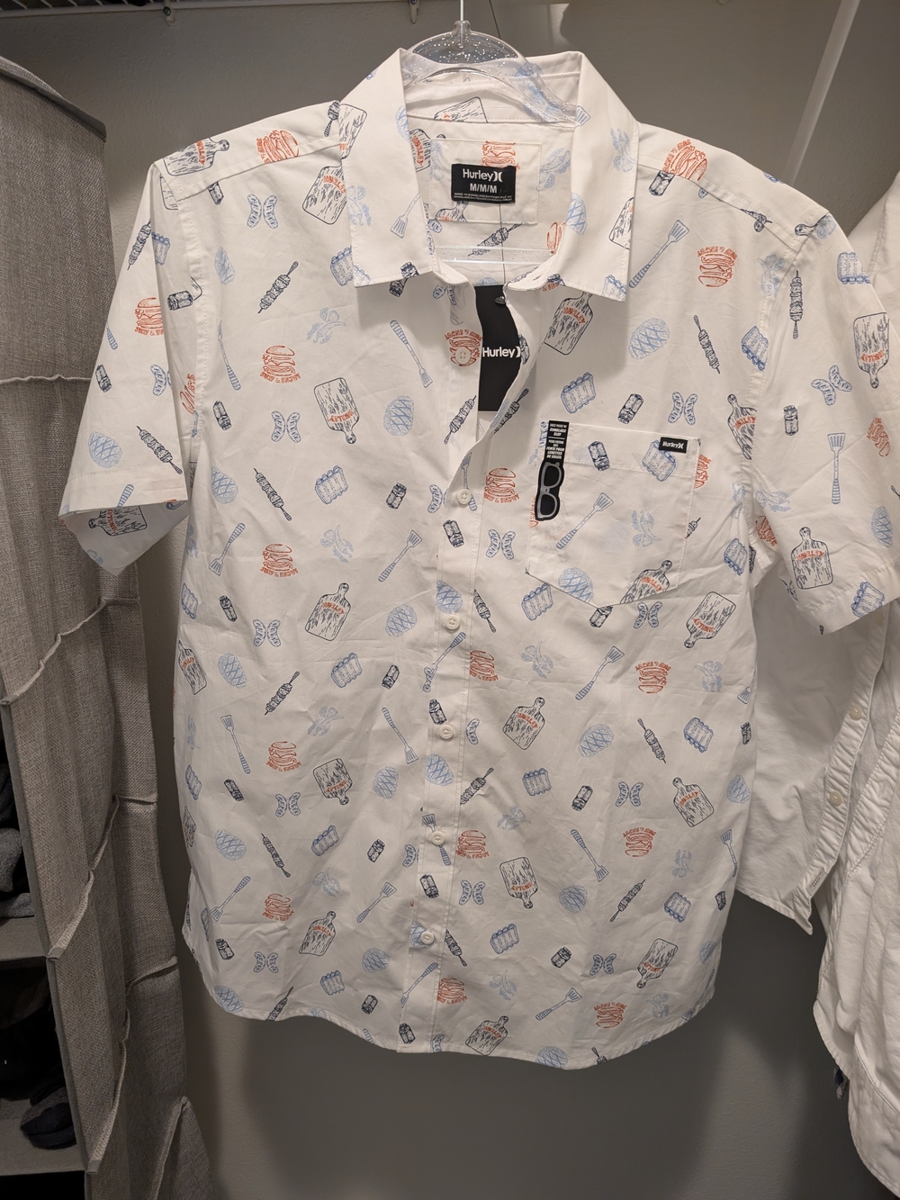 Hurley White Short-Sleeve Button-Down with Blue & Orange Novelty Print
